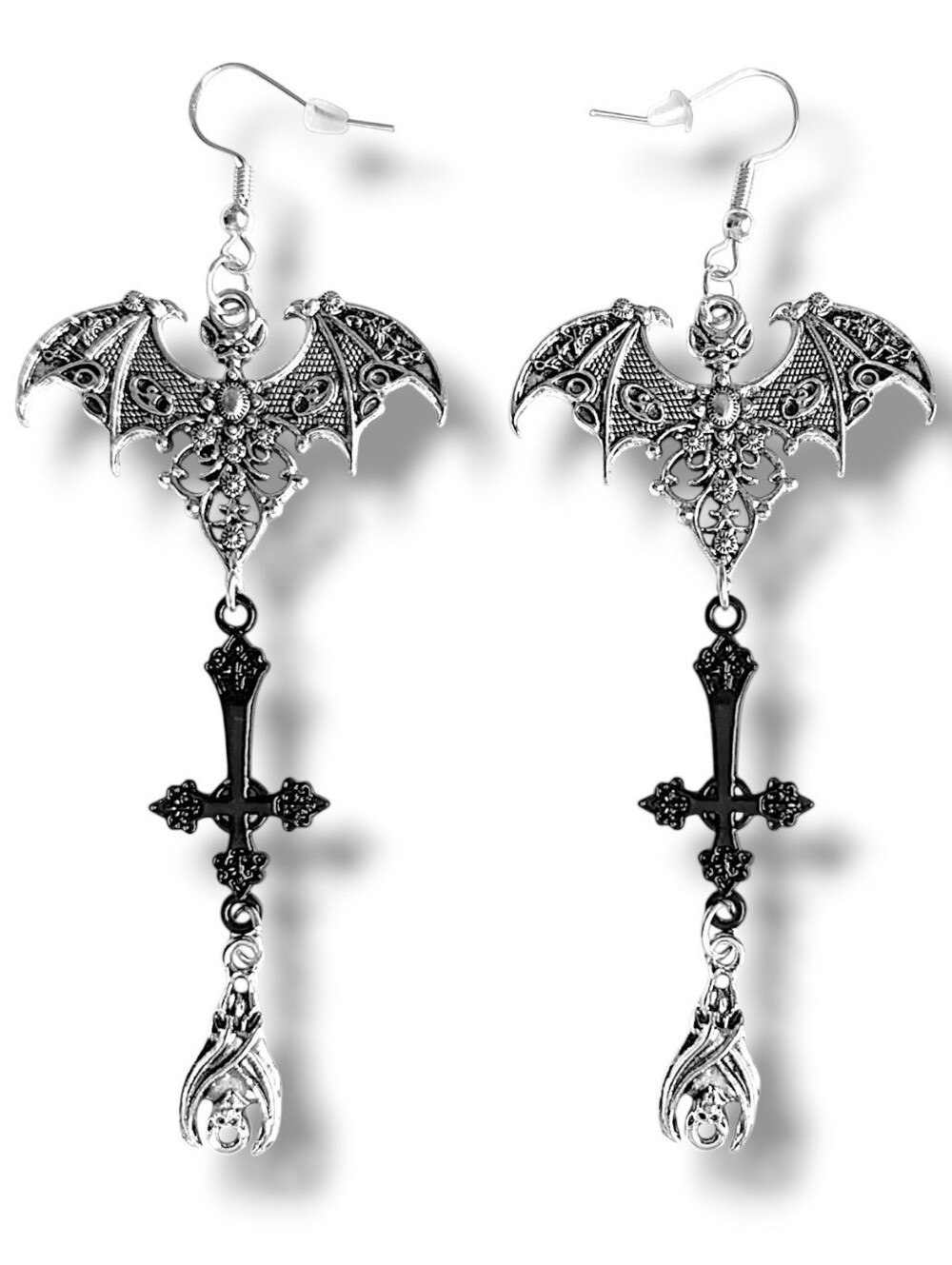 NWT Large Handmade Silver Double Bat Dangly Inverted Cross Earrings